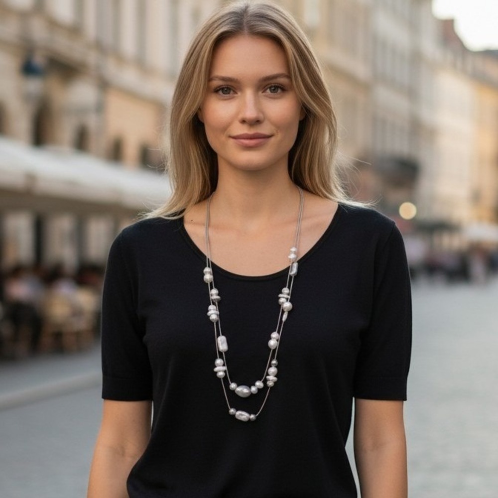 Bohemian Faux Baroque Pearl Multi Strand Station Necklace by J Jill Elegant